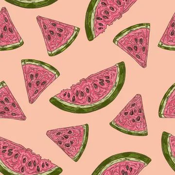 Watermelon slice summer seamless pattern with hand drawn fruit illustration Stock Illustration