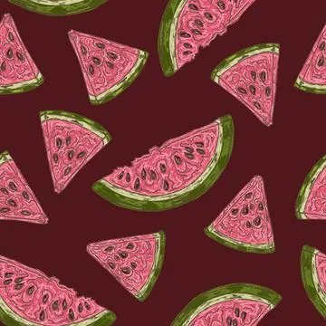 Watermelon slice summer seamless pattern with hand drawn fruit illustration Stock Illustration