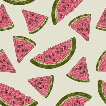 Watermelon slice summer seamless pattern with hand drawn fruit illustration Stock Illustration