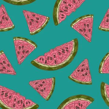 Watermelon slice summer seamless pattern with hand drawn fruit illustration Stockillustratie