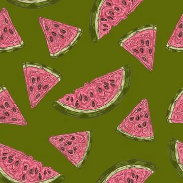Watermelon slice summer seamless pattern with hand drawn fruit illustration 스톡 일러스트