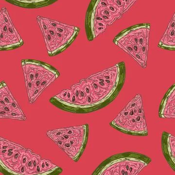 Watermelon slice summer seamless pattern with hand drawn fruit illustration Stock Illustration