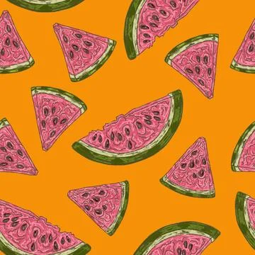 Watermelon slice summer seamless pattern with hand drawn fruit illustration Stock Illustration