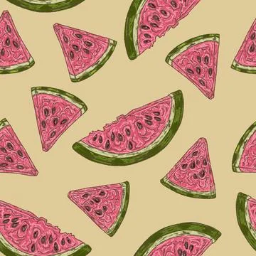 Watermelon slice summer seamless pattern with hand drawn fruit illustration Illustrazione stock