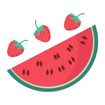 Watermelon slice t three strawberries on a white background Stock Illustration