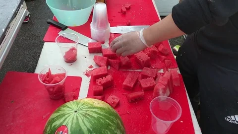 Watermelon Sliced and Diced into Cubes Stock Footage 76156315