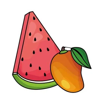 Watermelon sliced fruit and mango cartoon Illustrazione stock