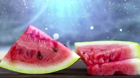 Watermelon slices are triangular on a wooden background in a Sunny magic light. Stock Footage 135814585