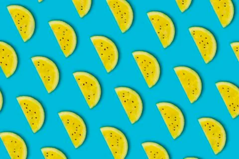 Watermelon Slices, Pieces on Bright Blue Turquoise Background. Creative Layou Stock Photos