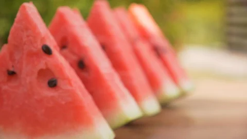 Watermelon slices in a row - camera push in Stock Footage 113391262