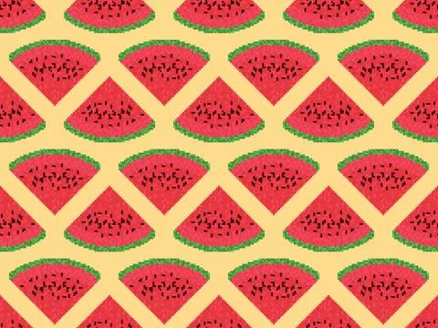 Watermelon slices seamless pattern in pixel art style. 8 bit icon watermelon 스톡 일러스트