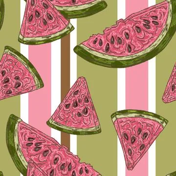 Watermelon Slices Seamless Pattern. A vintage hand-drawn illustration in a sk Stock Illustration