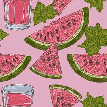 Watermelon Slices Seamless Pattern. A vintage hand-drawn illustration in a sk Stock Illustration