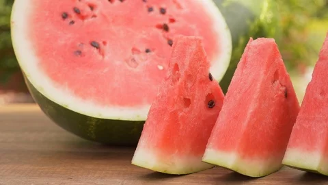 Watermelon slices on the table. Summer refreshment fruits. Stock Footage 113391146