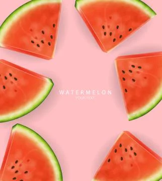 Watermelon slices Vector realistic. Summer tropic seaside view background. 3d Stock Illustration