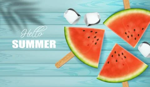 Watermelon slices Vector realistic. Summer tropic seaside view background. 3d Stock Illustration