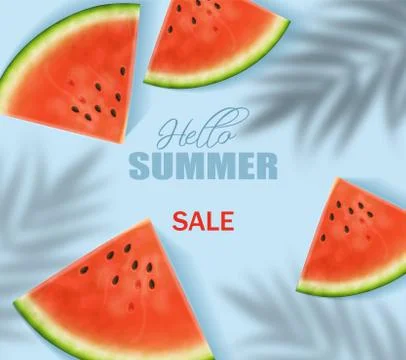Watermelon slices Vector realistic. Summer tropic seaside view background. 3d Stock Illustration