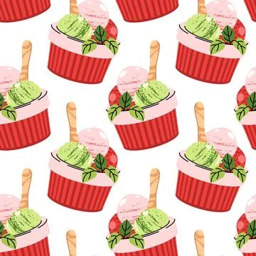 Watermelon sorbet seamless pattern. Background with cup with ice cream wood.. Stock Illustration