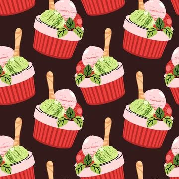 Watermelon sorbet seamless pattern. Background with cup with ice cream wood.. Stock Illustration