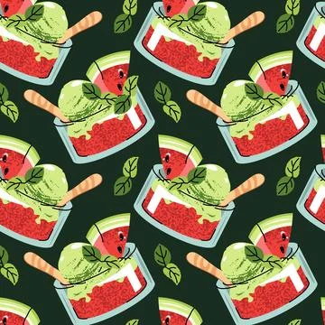 Watermelon sorbet seamless pattern. Background with glass bowl with ice cre.. Stock Illustration