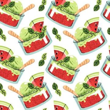 Watermelon sorbet seamless pattern. Background with glass bowl with ice cre.. 库存插图