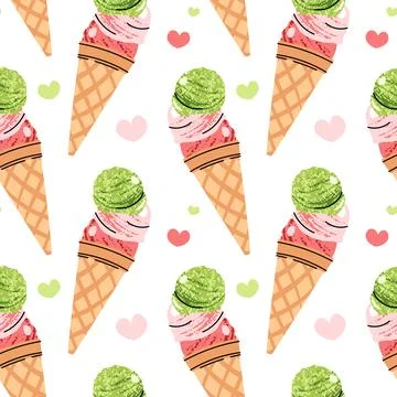 Watermelon sorbet seamless pattern. Flat design ice cream scoops in waffle .. 库存插图