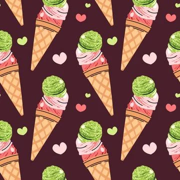 Watermelon sorbet seamless pattern. Flat design ice cream scoops in waffle .. Stock Illustration