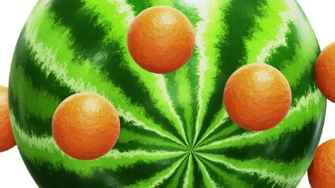 Watermelon sphere with rolling small orange spheres looping 3D animation Stock-Footage 205731562