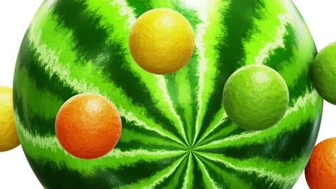 Watermelon sphere with rolling small orange, lemon and lime peel spheres Video stock 219857371
