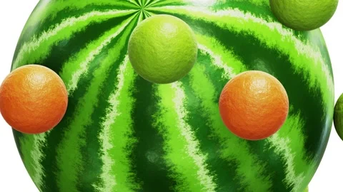 Watermelon sphere with small orange and lime peel spheres looping 3D animation Stock-Footage 205731915