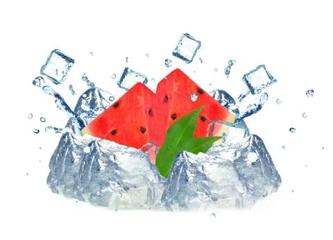 Watermelon splash and ice Stock Photos