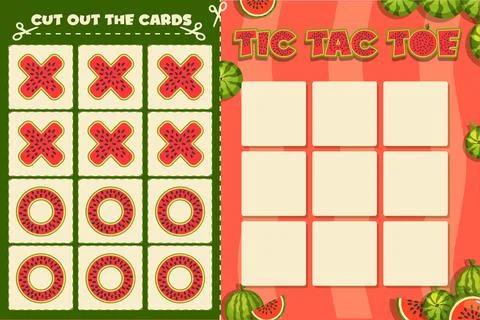 Watermelon Tic Tac Toe Printable Game Template with Cut Out Cards for Kids Stock Illustration