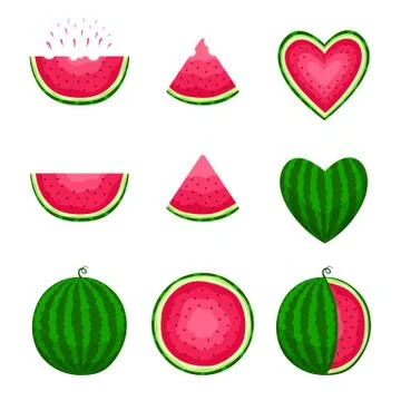 Watermelon. Vector icon set. Pieces, whole, round, in the shape of a heart. Illustrazione stock