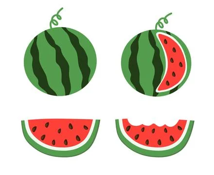 Watermelon Vector set. Whole and cut slice, dissected, bitten. Stock Illustration