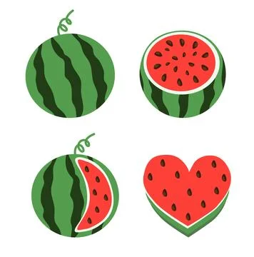Watermelon Vector set. Whole and cut slice, dissected, in shape of heart. Stock Illustration
