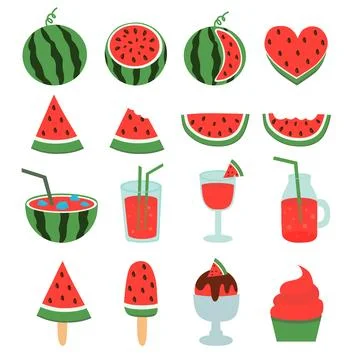 Watermelon Vector set. Whole and slice, bitten, juice, cocktail, ice cream Stock Illustration