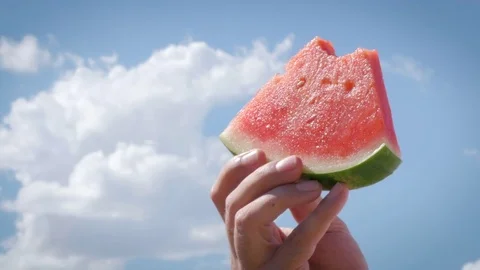 Watermelon Wedge with a Bite Taken Out of It Stock Footage 79384201