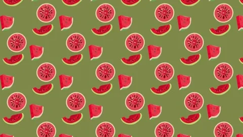 Watermelon wedges seamless pattern, red fruit stop motion animation on green 動画素材 337391575