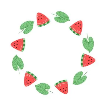 Watermelon wreath flat hand-drawn vector fruit circular border summer menu card 스톡 일러스트