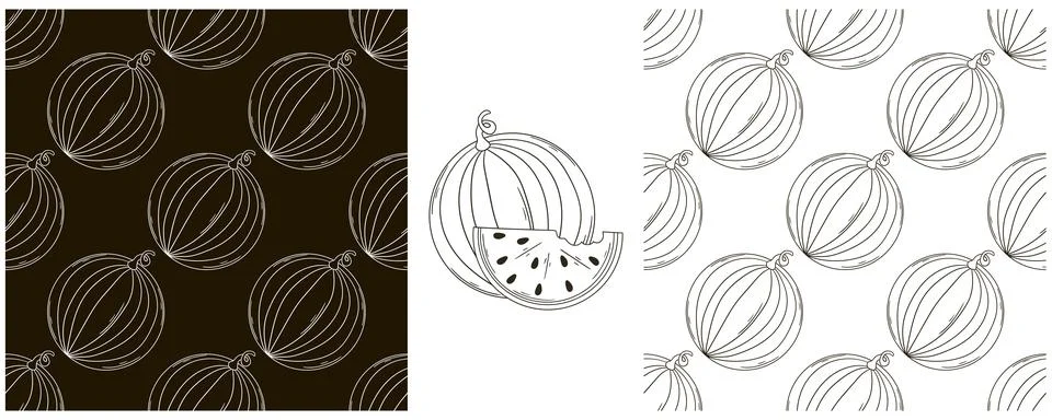 Watermelons. Seamless pattern for kitchen, restaurant or shop. Set in hand dr Stock Illustration