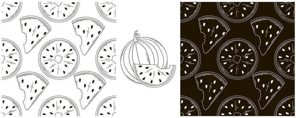 Watermelons. Seamless pattern for kitchen, restaurant or shop. Set in hand dr Stock Illustration