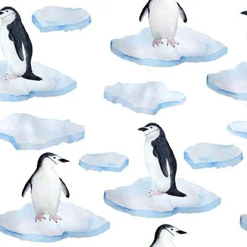 Waterocolor hand drawn seamless pattern with arctic pole penguins on ice Stock Illustration