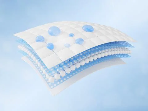 Waterproof fabric structure 3D icon with blue water droplets on surface, 5 layer Stock Illustration