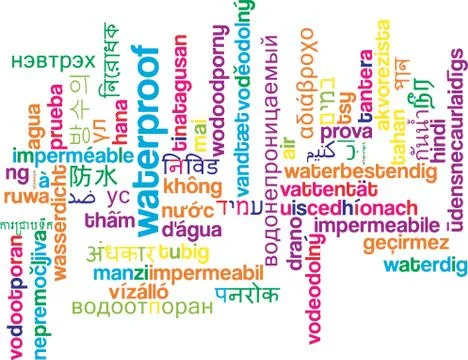 Waterproof multilanguage wordcloud background concept Stock Illustration