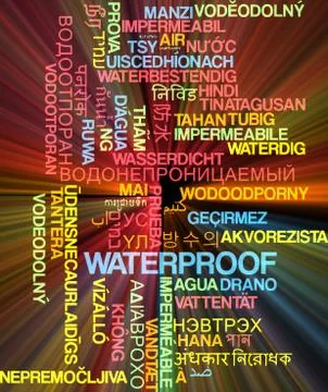 Waterproof multilanguage wordcloud background concept glowing Stock Illustration