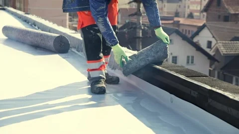 Waterproofing and insulation at construction site, waterproofing membrane Stock Footage 152164905