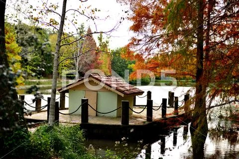 Water's edge, a small hut and autumn landscape Stock Photos