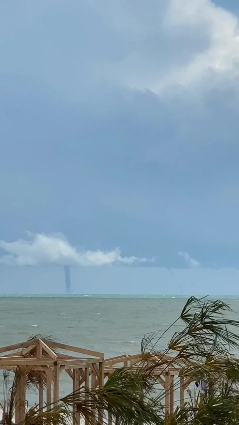 Waterspouts form over ocean under stormy clouds with palm trees swaying, su.. Stock Footage 321695316