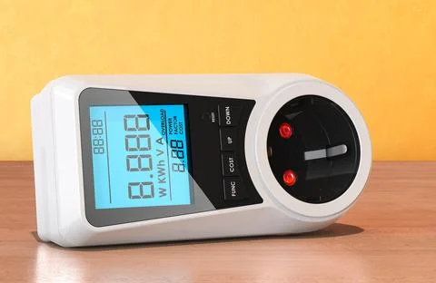 Watt Meter, Plug-in Socket Power Meter, Auto Cost Calculator on the wooden .. Stock Illustration
