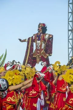 Watu Pecak Beach comes alive with hundreds of dancers Stock Photos